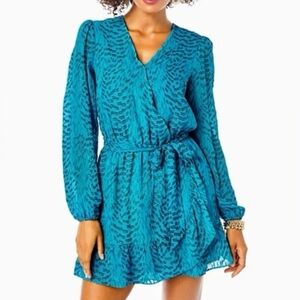 Lilly Pulitzer Alfie Silk Metallic Teal Bay Mini Dress Romper Long Sleeve Sz M
